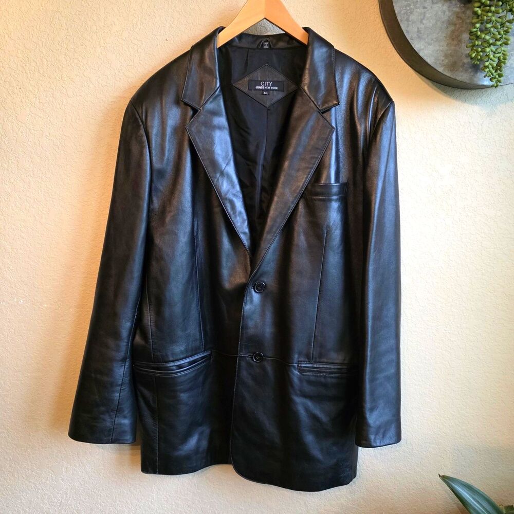 City Jones New York Leather Mid-Trench Jacket - Mens' Size 44L-Black 2-button